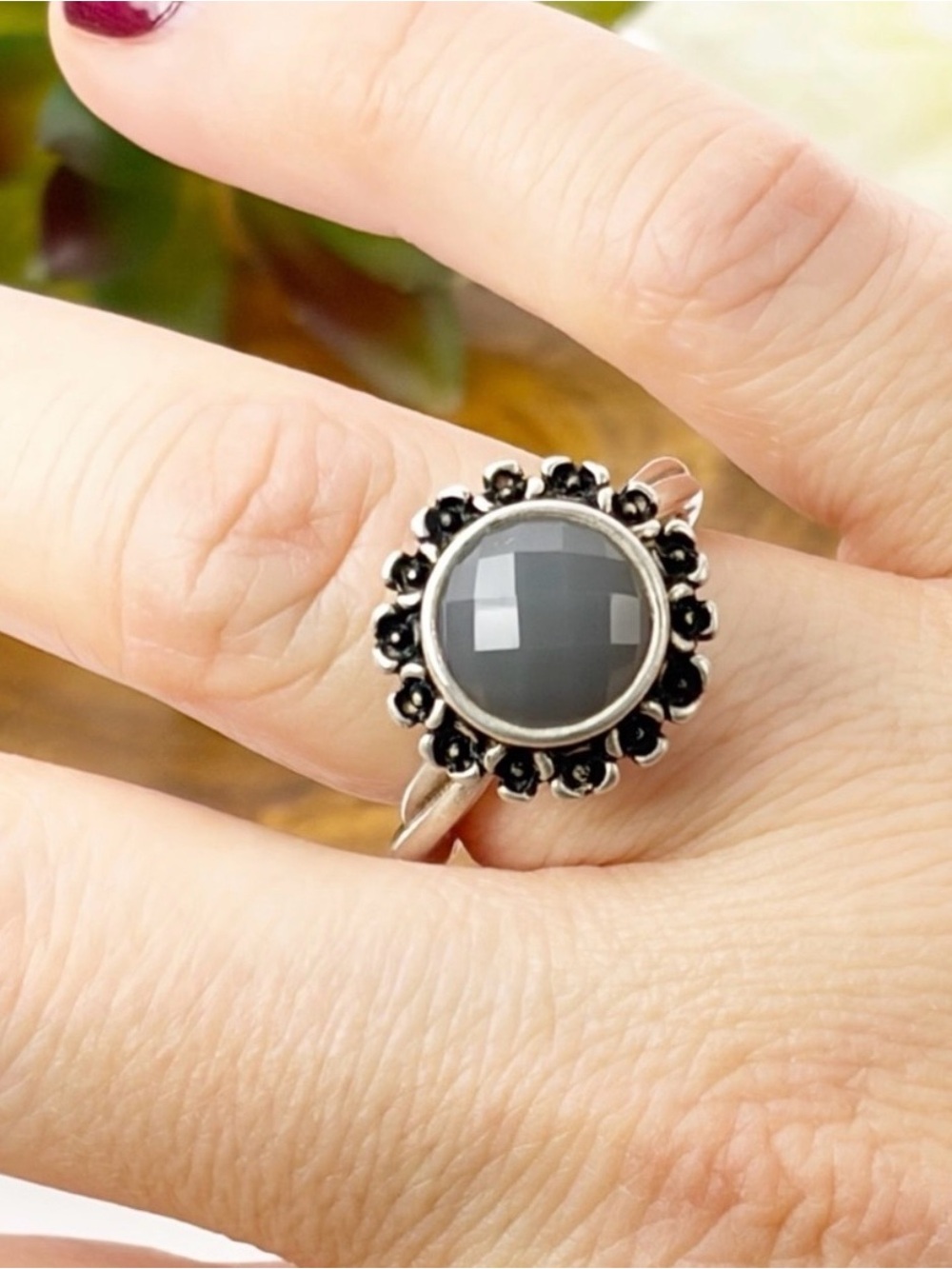 Pandora Sterling Silver 925 Grey Moonstone Flower Ring Size 7.25 7.5 or so